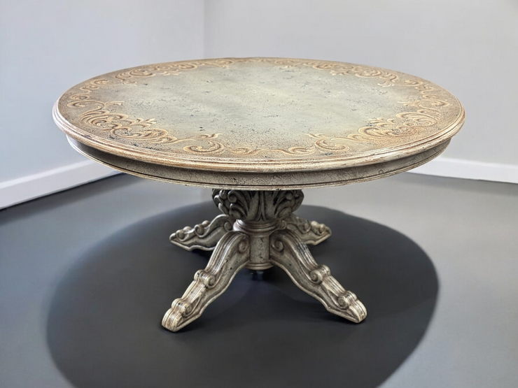 Casa Bonita Peruvian Hand-Painted and Carved Wood 60” Round Torino Dining Table in Rustic Plata