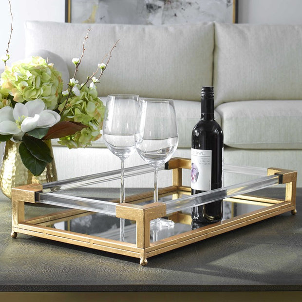 Uttermost Balkan Antiqued Gold Leaf Hand Forged Iron and Mirrored Tray With Acrylic Handles
