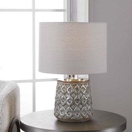 Uttermost Cetona Blue Gray Glazed Embossed Ceramic Table Lamp With Linen Shade
