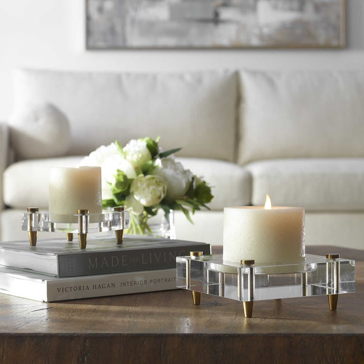 Uttermost Claire Crystal Blocks and Brass Set of 2 Candle Holders ~ Candles Included