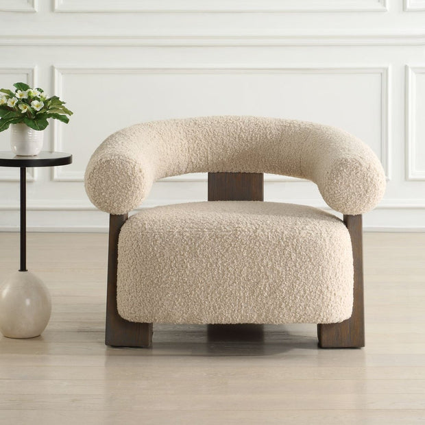 Uttermost Lennox Barrel Shearling Cushion Accent Chair With Dark Walnut Wood