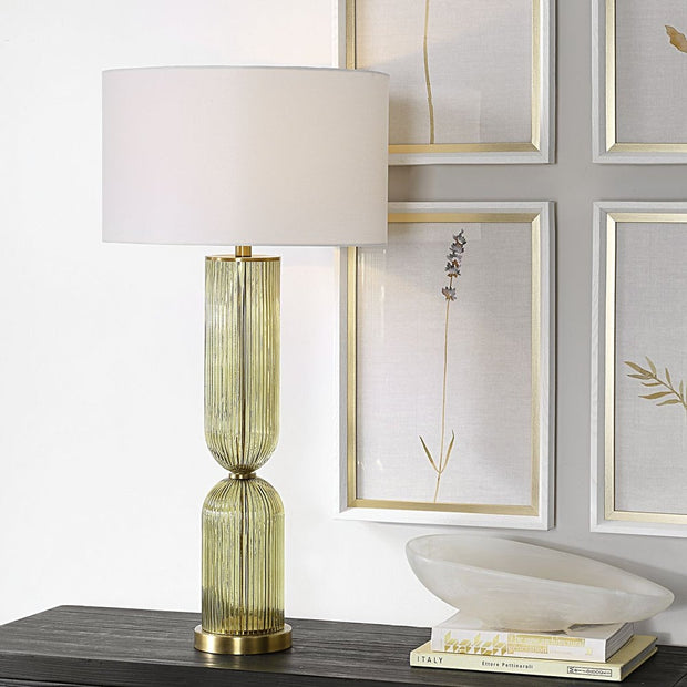 Uttermost Mirah Transparent Olive Glass & Brass-Plated Details Table Lamp