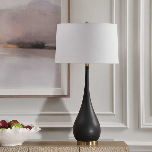 Uttermost Nocturnal Black Stone and Brass Table Lamp With White Linen Shade