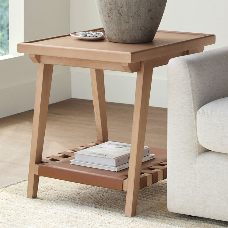 Becki Owens x SURYA Taft Hemlock Wood and Leather End Table