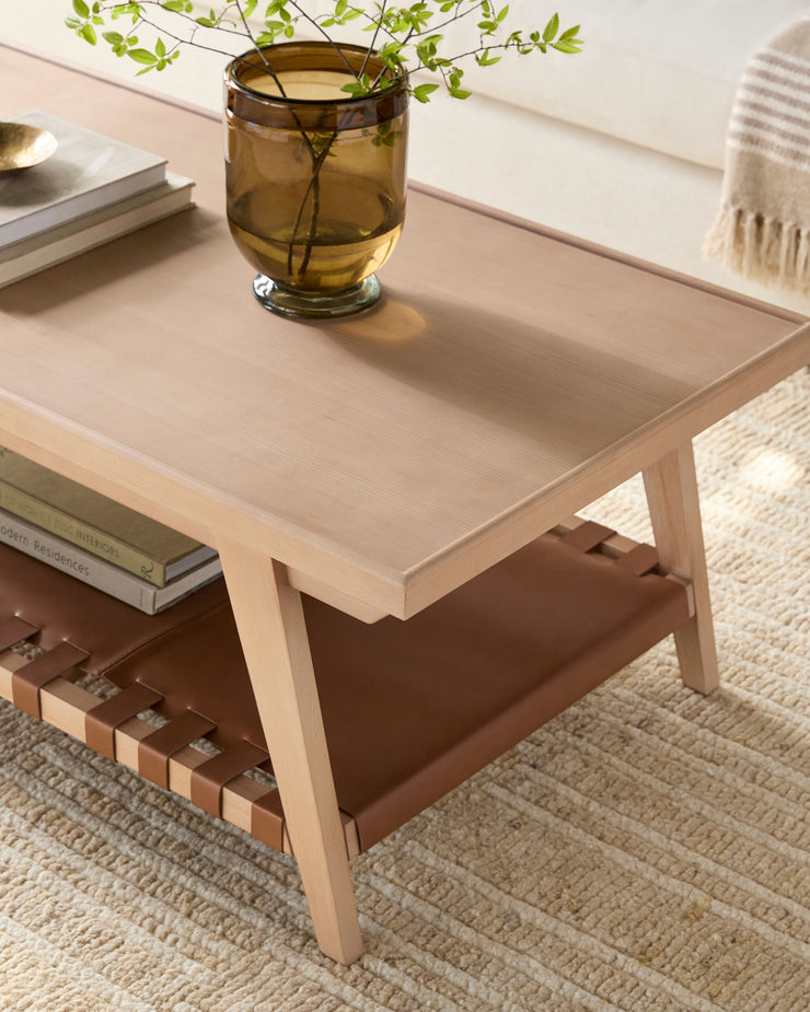 Becki Owens x SURYA Taft Hemlock Wood and Leather Coffee Table