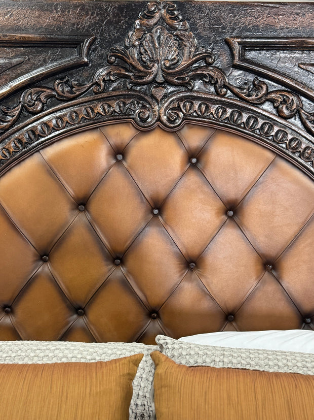 Casa Bonita Peruvian Hand-Painted Carved Wood and Tufted Linen Francesca King Size Bed