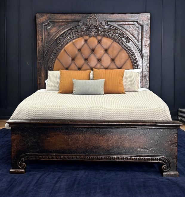 Casa Bonita Peruvian Hand-Painted Carved Wood and Tufted Linen Francesca King Size Bed