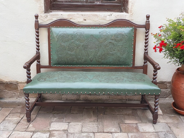 Casa Bonita Peruvian Hand-Carved Wood and Hand Tooled Leather Sienna Bench