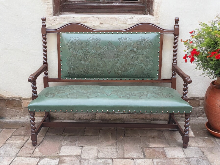 Casa Bonita Peruvian Hand-Carved Wood and Hand Tooled Leather Sienna Bench