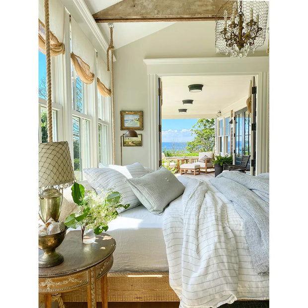 Pom Pom at Home Blake White & Ocean Striped Linen Duvet Cover and Shams ~ Available in Queen and King Sizes