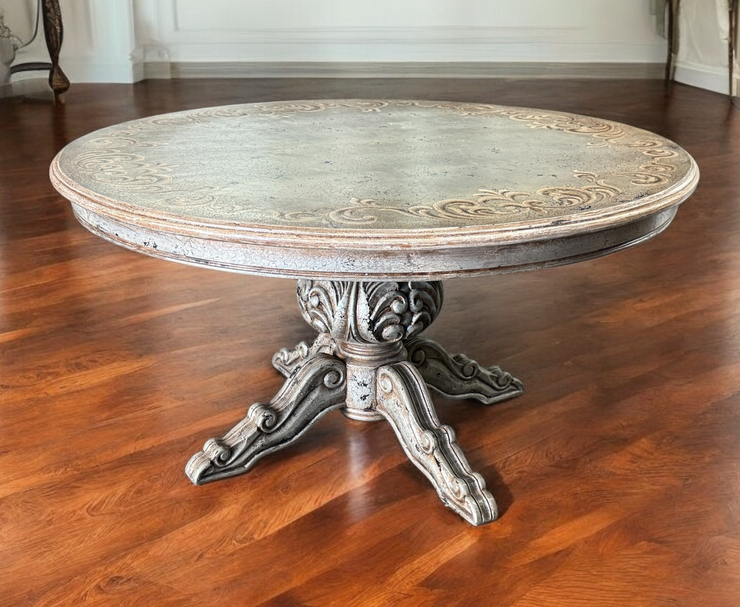 Casa Bonita Peruvian Hand-Painted and Carved Wood 60” Round Torino Dining Table in Rustic Plata