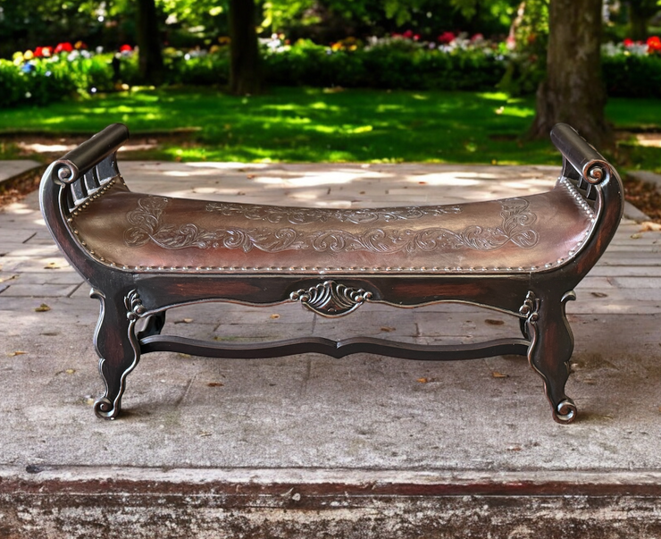 Casa Bonita Peruvian Hand-Carved Wood and Hand-Tooled Leather Turin Leather Bench