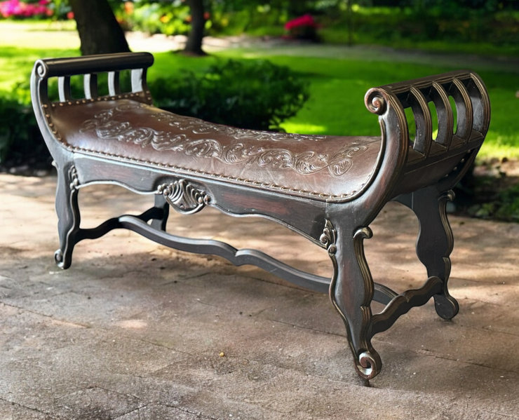 Casa Bonita Peruvian Hand-Carved Wood and Hand-Tooled Leather Turin Leather Bench