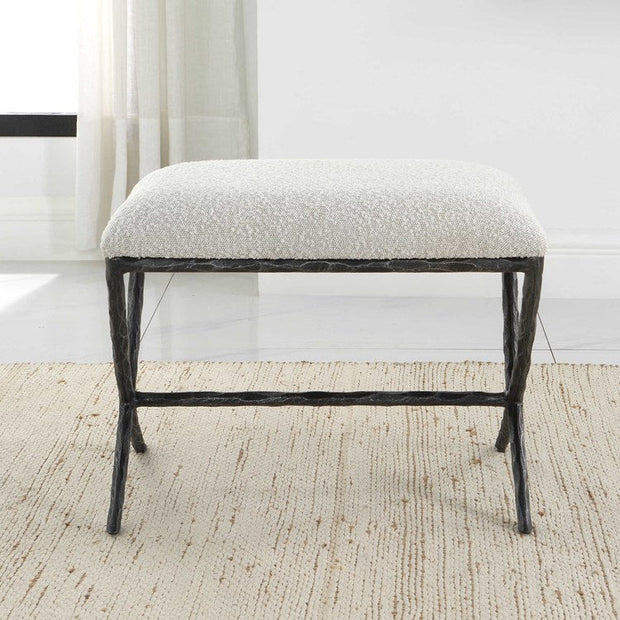 Uttermost Brisby Ivory & Gray Boucle Upholstered Seat Black Cast Iron Bench