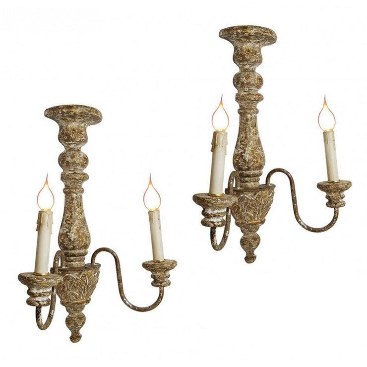 Provence Home Set of 2 Distressed Taupe & Gold Antiqued Carved Wood Wall Sconces