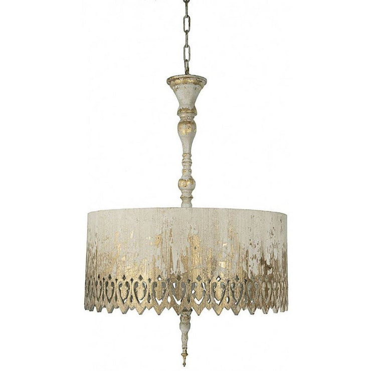 Provence Home Distressed Cream & Gold Carved Wood Shade With Antiqued Metal Pendant Light Chandelier