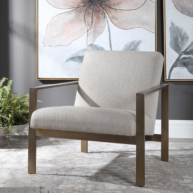 Uttermost Wills Oatmeal Woven Performance Fabric Antiqued Brass Accent Chair