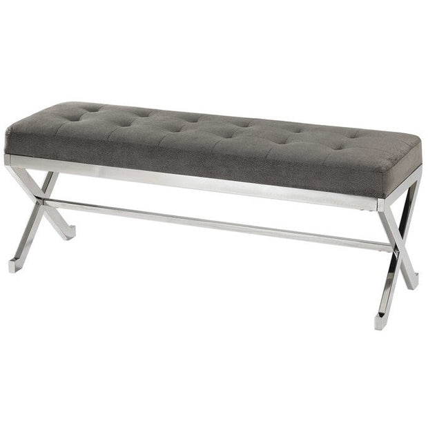 Uttermost Bijou Plush Button Tufted Gray Fabric Seat Contemporary Polished Stainless Steel Bench