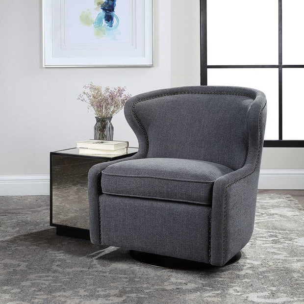 Uttermost Biscay Charcoal Gray Herringbone Fabric Contemporary Swivel Chair