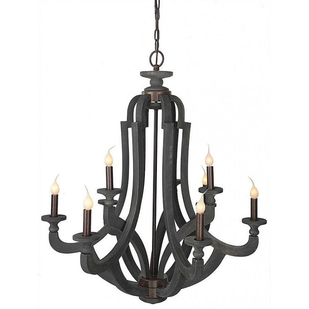 Provence Home Distressed Aged Flat Black Carved Wood Chandelier