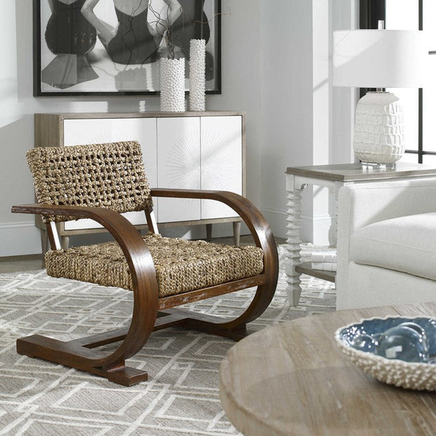 Uttermost Rehema Modern Bohemian Natural Woven Seat with Curved Wood Frame Accent Armchair