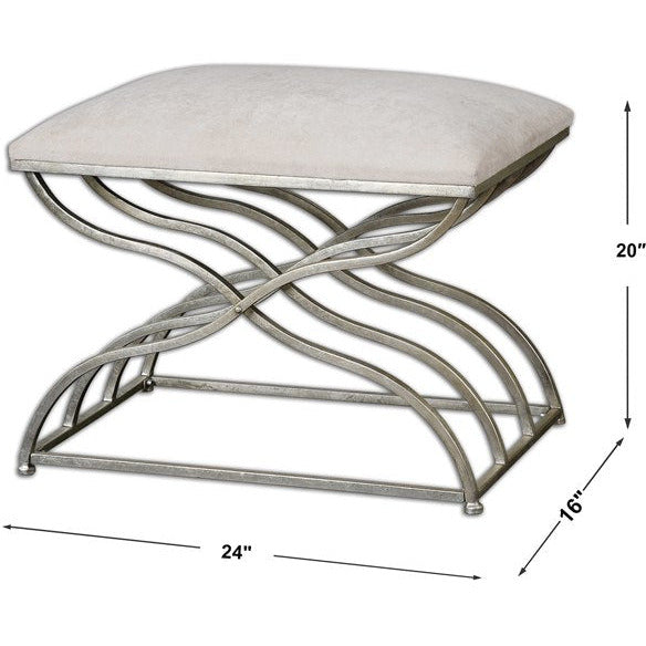 Uttermost Shea Ivory Fabric Cushion Seat Modern Satin Nickel Iron Small Bench