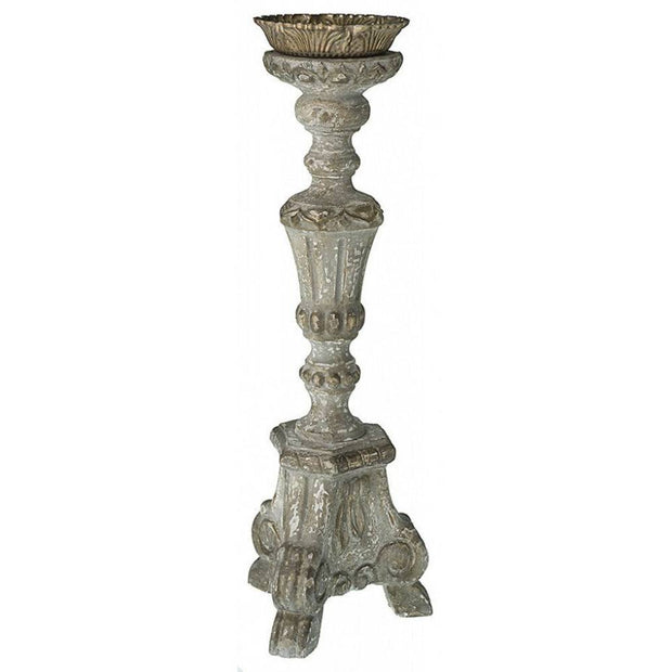 Provence Home Distressed French Grey, White & Gold Antiqued Carved Wood Candle Holder
