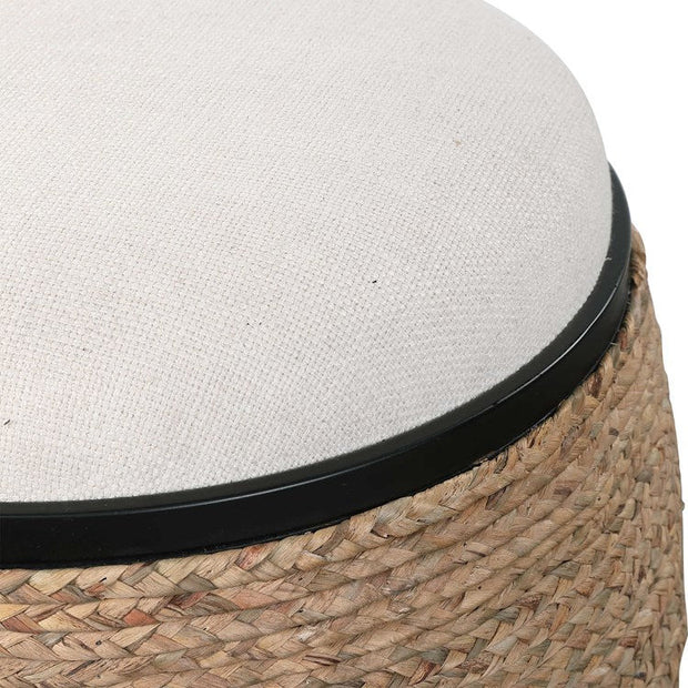 Uttermost Island Light Beige Cushion Seat Coastal Braided Straw Round Accent Stool