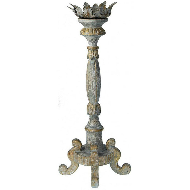 Provence Home Distressed French Blue, Grey & Gold Antiqued Carved Wood Candle Holder