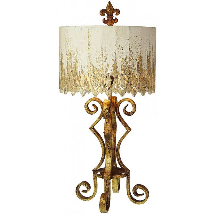 Provence Home Gold Metal Table Lamp With Distressed Cream & Gold Carved Wood Shade