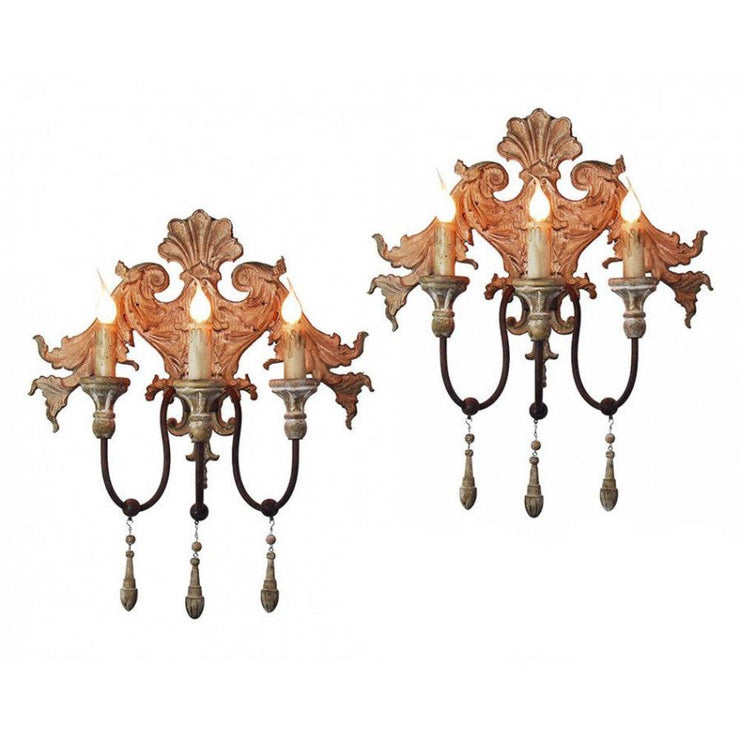 Provence Home Set of 2 Distressed Aged Natural Carved Wood Antiqued Metal Wall Sconces