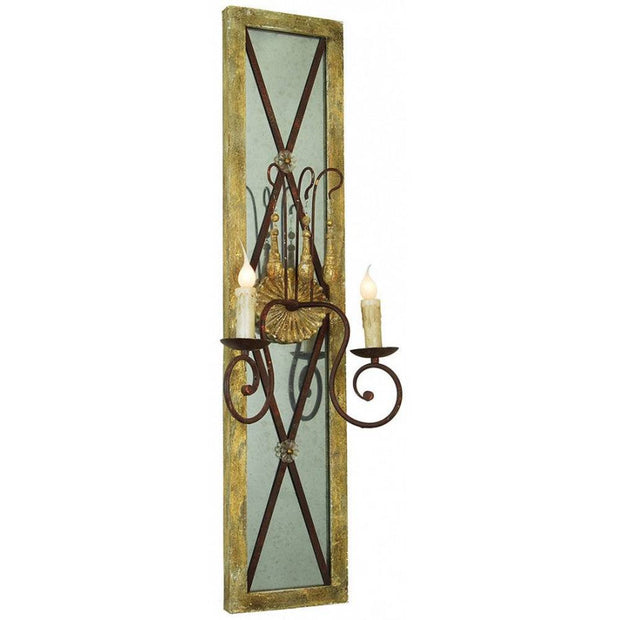 Provence Home Distressed Aged Gold Carved Wood Antiqued Mirror Wall Sconce
