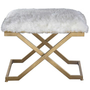 Uttermost Farran White Faux Fur Seat Antiqued Gold Iron Small Bench