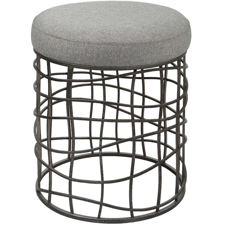 Uttermost Carnival Gray Fabric Seat Burnished Silver Iron Round Accent Stool