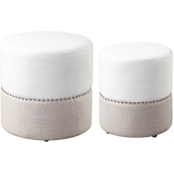 Uttermost Tilda Creamy White & Oatmeal Linen Set of 2 Round Ottomans