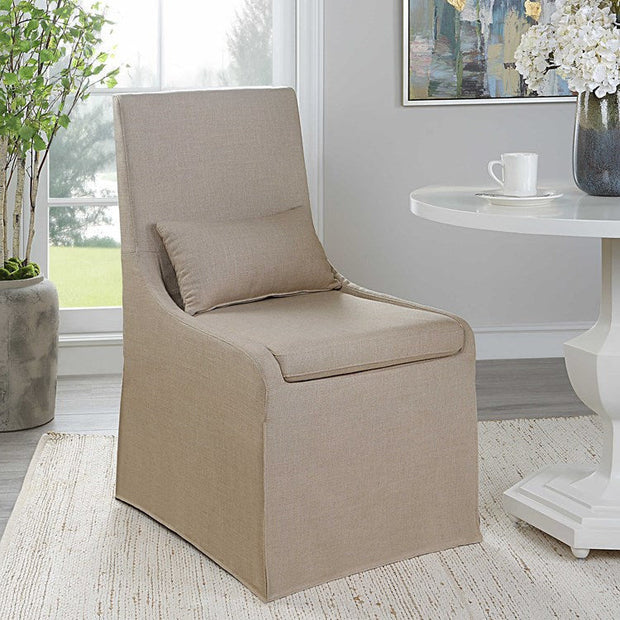 Uttermost Coley Tan Linen Performance Fabric Slipcovered Armless Chair With Pillow