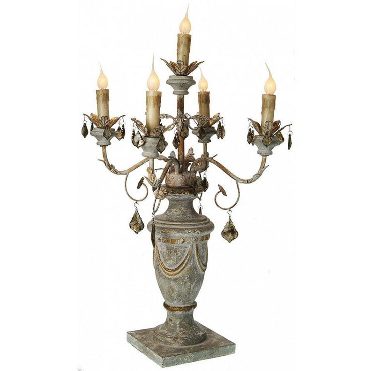 Provence Home Distressed French Blue, Grey & Gold Carved Wood Candelabra With Antiqued Metal Arms