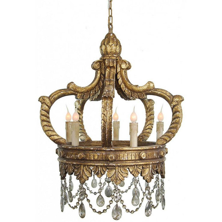 Provence Home Distressed Aged Gold Carved Wood Crown Chandelier With Antiqued Crystals