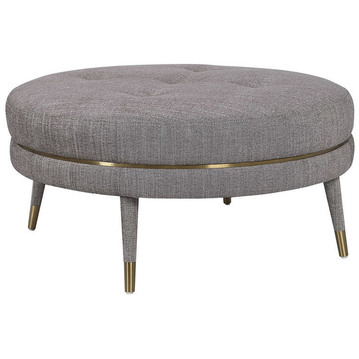 Uttermost Blake Plush Button Tufted Taupe-Brown Linen Modern Round Ottoman With Brushed Brass