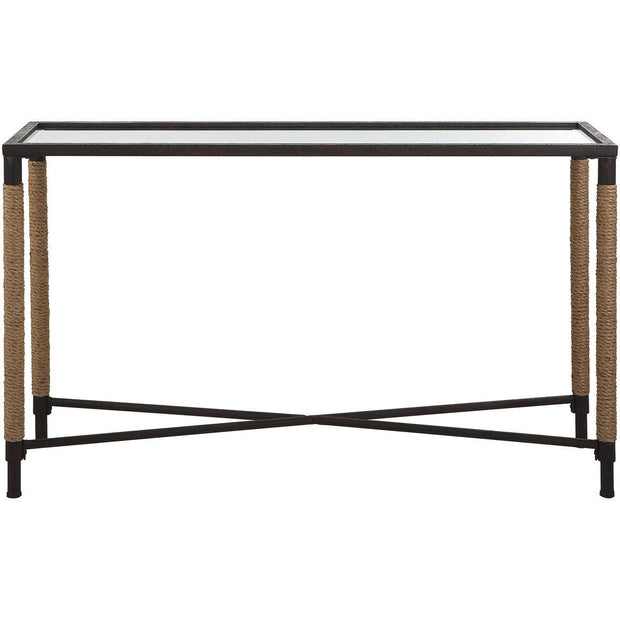 Uttermost Braddock Glass Top Rope Wrapped Rustic Iron Modern Coastal Console Table