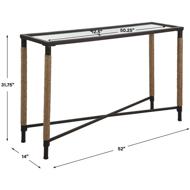 Uttermost Braddock Glass Top Rope Wrapped Rustic Iron Modern Coastal Console Table
