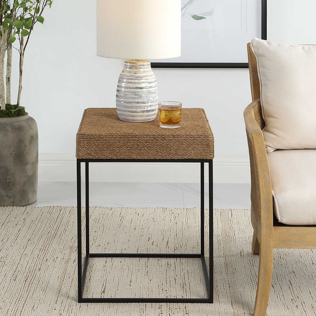 Uttermost Laramie Natural Braided Rope Top With Matte Black Iron Modern Coastal Accent Table