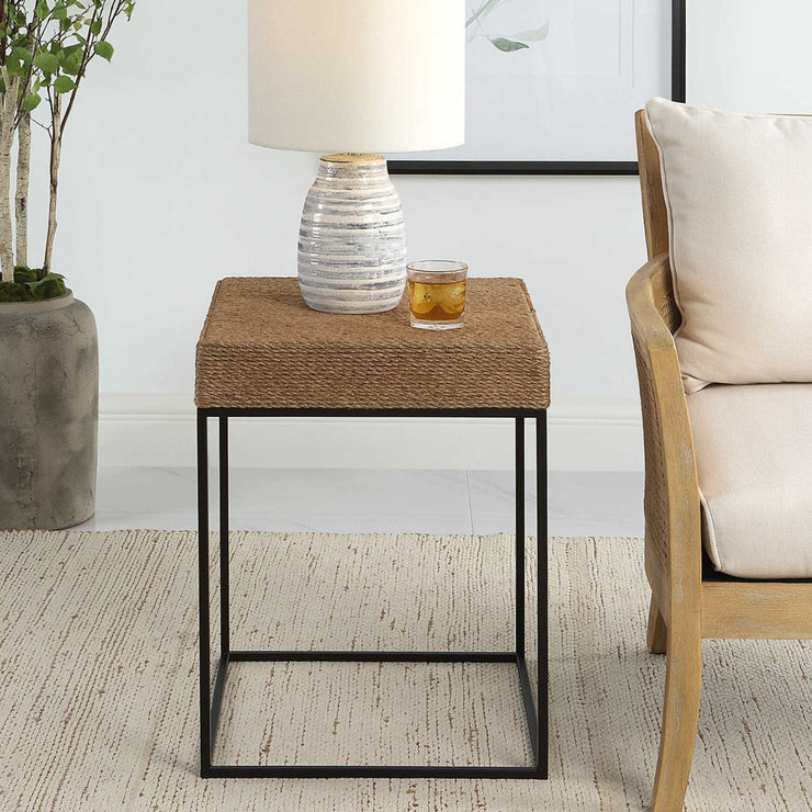 Uttermost Laramie Natural Braided Rope Top With Matte Black Iron Modern Coastal Accent Table