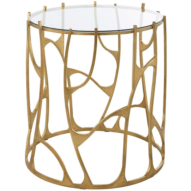 Uttermost Ritual Glass Top Aged Gold Leaf Iron Sculptural Modern Side Table