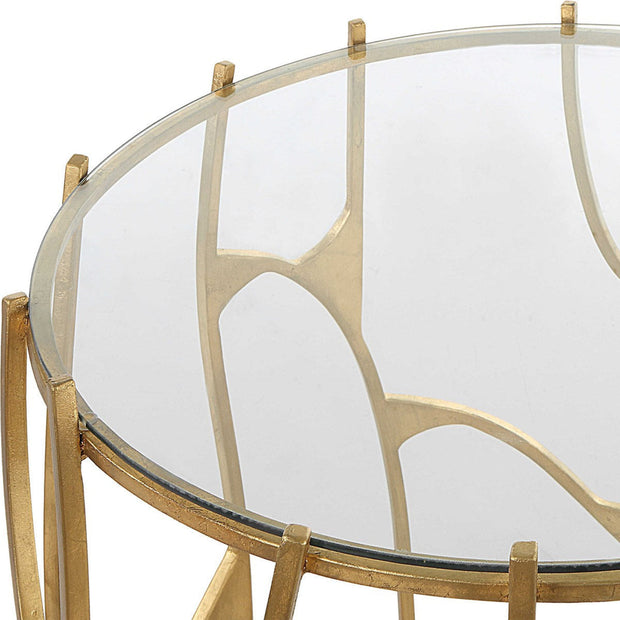 Uttermost Ritual Glass Top Aged Gold Leaf Iron Sculptural Modern Side Table