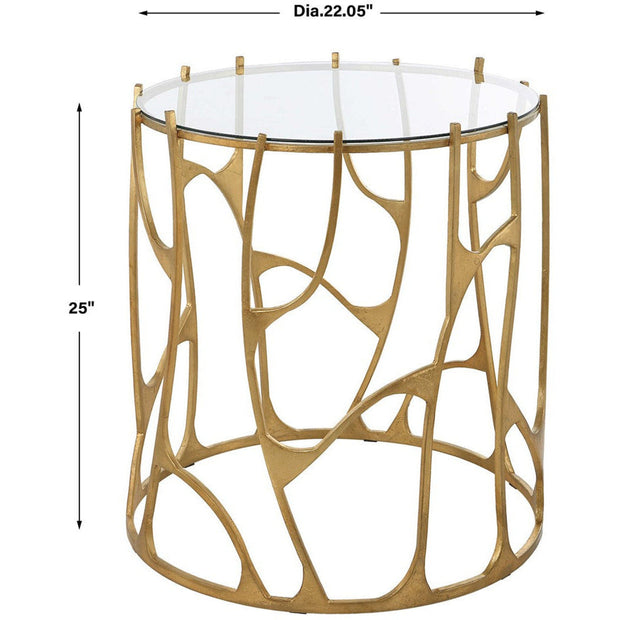 Uttermost Ritual Glass Top Aged Gold Leaf Iron Sculptural Modern Side Table