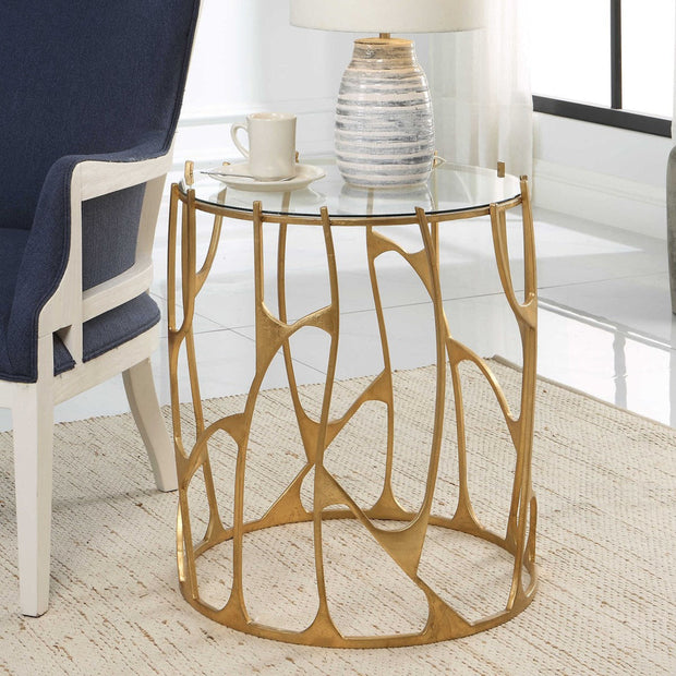 Uttermost Ritual Glass Top Aged Gold Leaf Iron Sculptural Modern Side Table