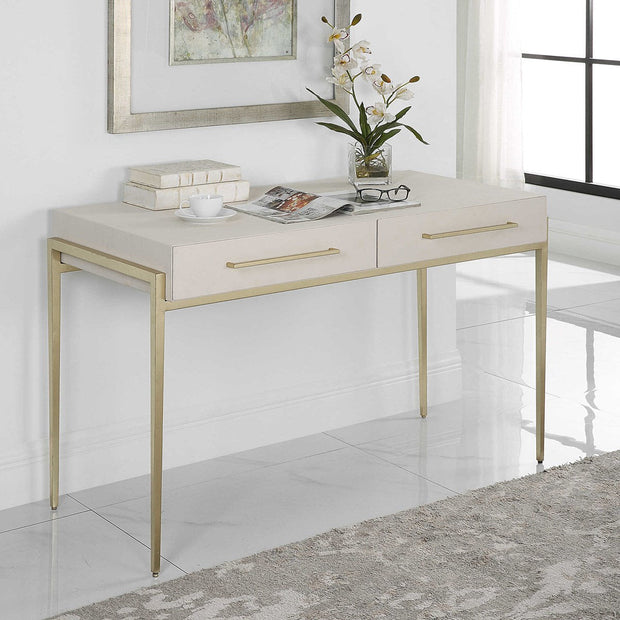 Uttermost Jewel White Faux Shagreen Top With Gold Leaf Iron Writing Desk