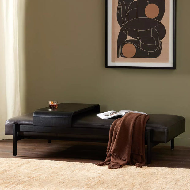 Four Hands Fawkes Rectangle Ottoman With Sliding Wood Tray ~ Sonoma Black Top Grain Leather