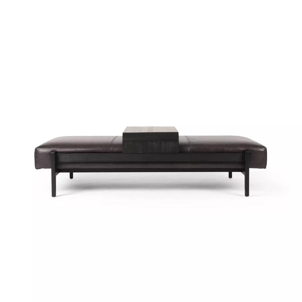 Four Hands Fawkes Rectangle Ottoman With Sliding Wood Tray ~ Sonoma Black Top Grain Leather